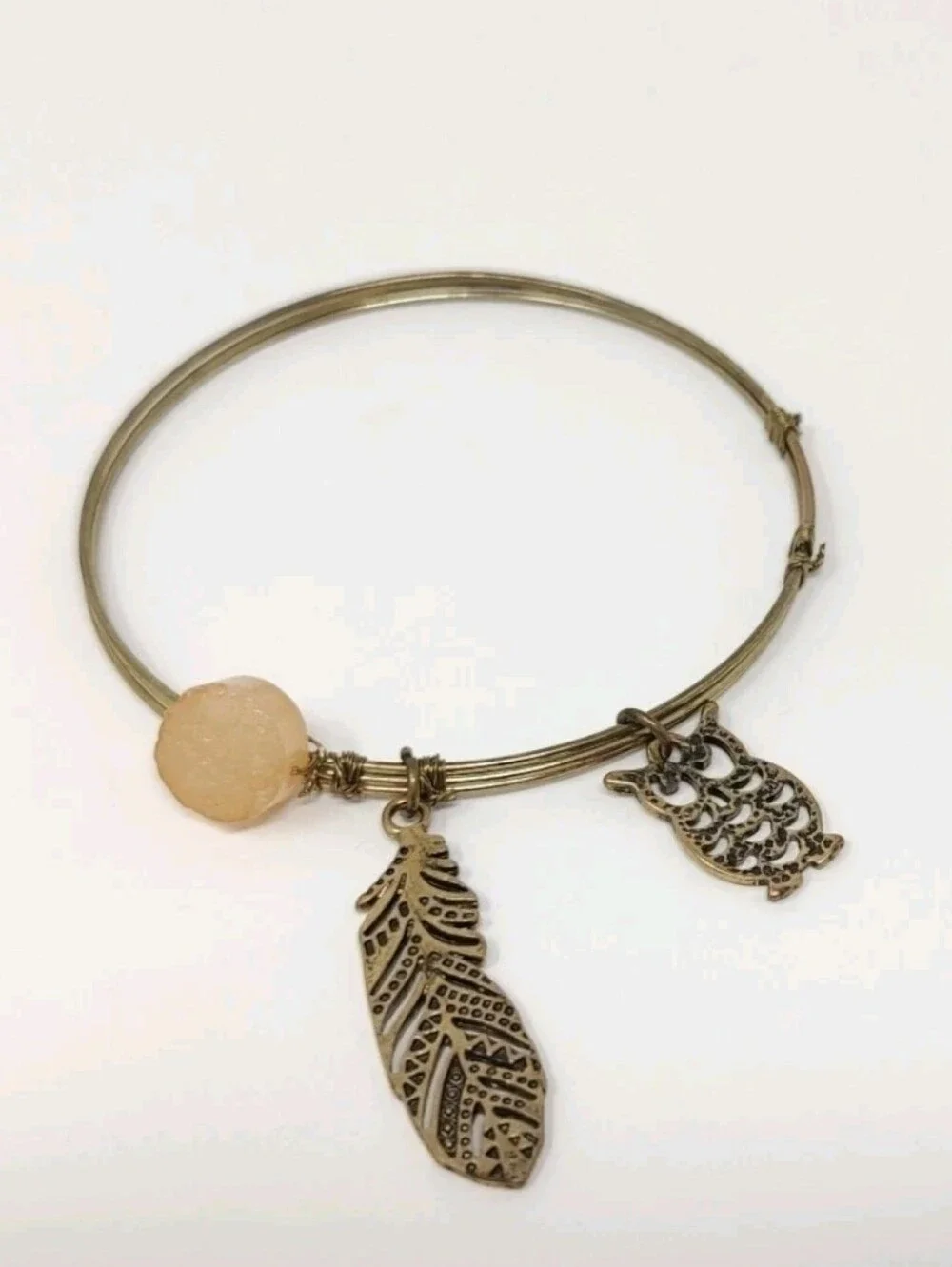 Boho Bangles Set of 3 Gold Bronze Tone Bracelets Wire Wrap Charms Feathers Owls